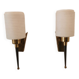 Pair of brass and opaline wall lights