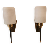 Pair of brass and opaline wall lights