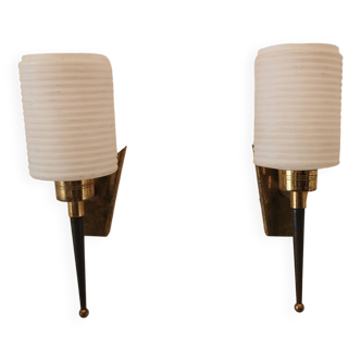 Pair of brass and opaline wall lights