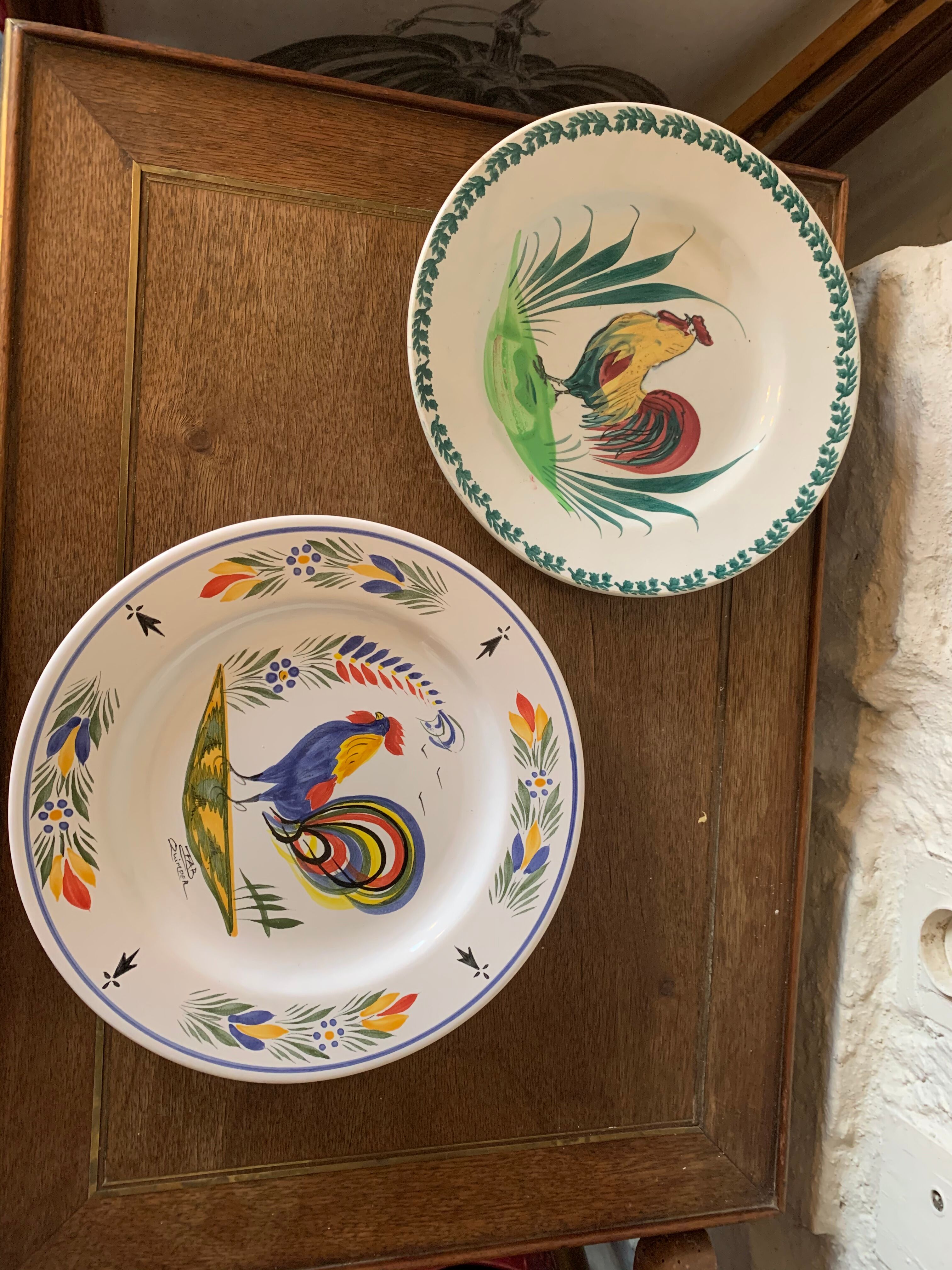 Two collection plates hand-painted rooster pattern signed fab Quimper and wolf mill hamage