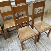 Set of 8 blond oak chairs with straw seats