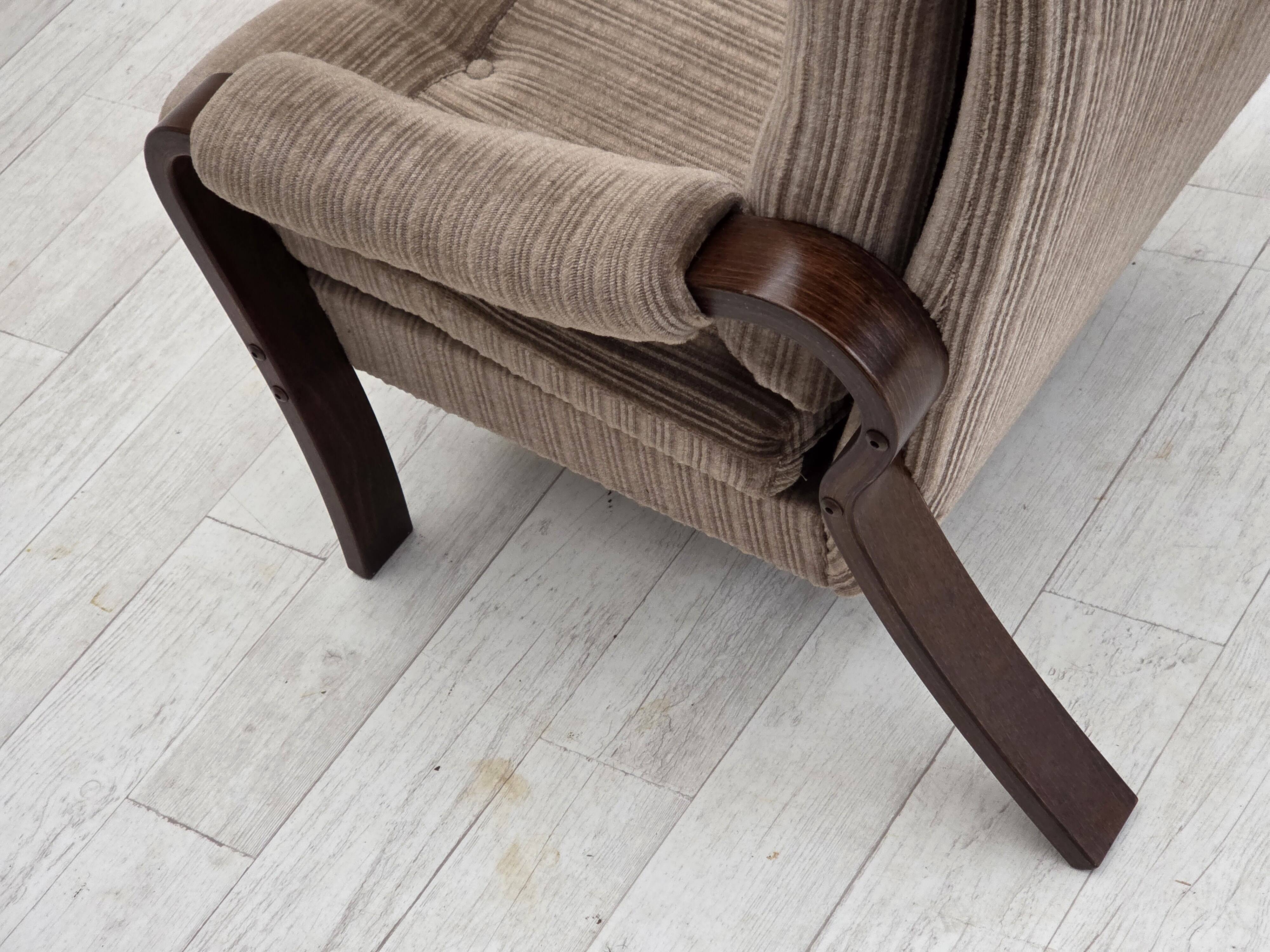 1970s, pair of Danish armchairs, brown furniture corduroy, beech wood.