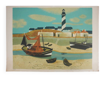 Yves Ganne : Le bateau du phare, lithographie originale signée