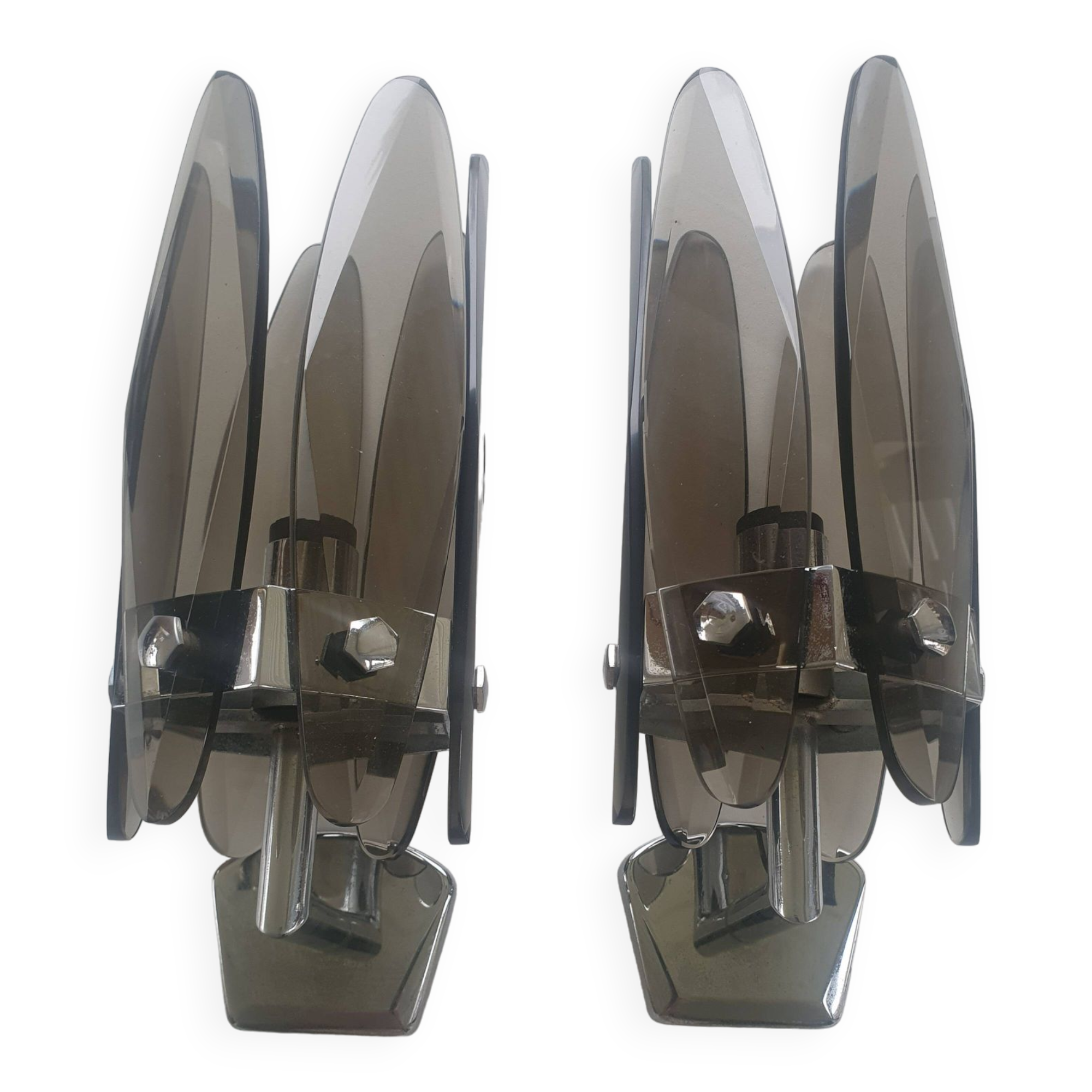 Pair of vintage Italian chrome wall sconces with smoked glass