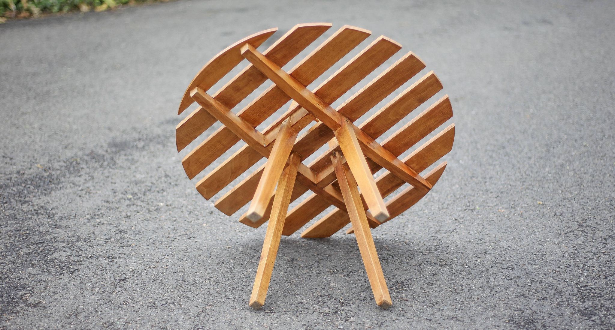 Vintage coffee table, wooden table with central handle, interior decoration, terrace, patio