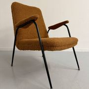 Vintage metal armchair with orange boucle fabric, French design from the 1950s.
