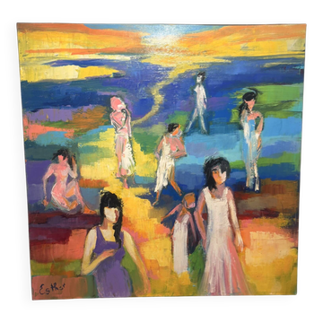 Tableau peinture huile sur toile abstraite Deloison "Parfum femme plage"