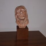 statuette buste christ terre cuite sur socle bois signé rené gourdon 1910 1992