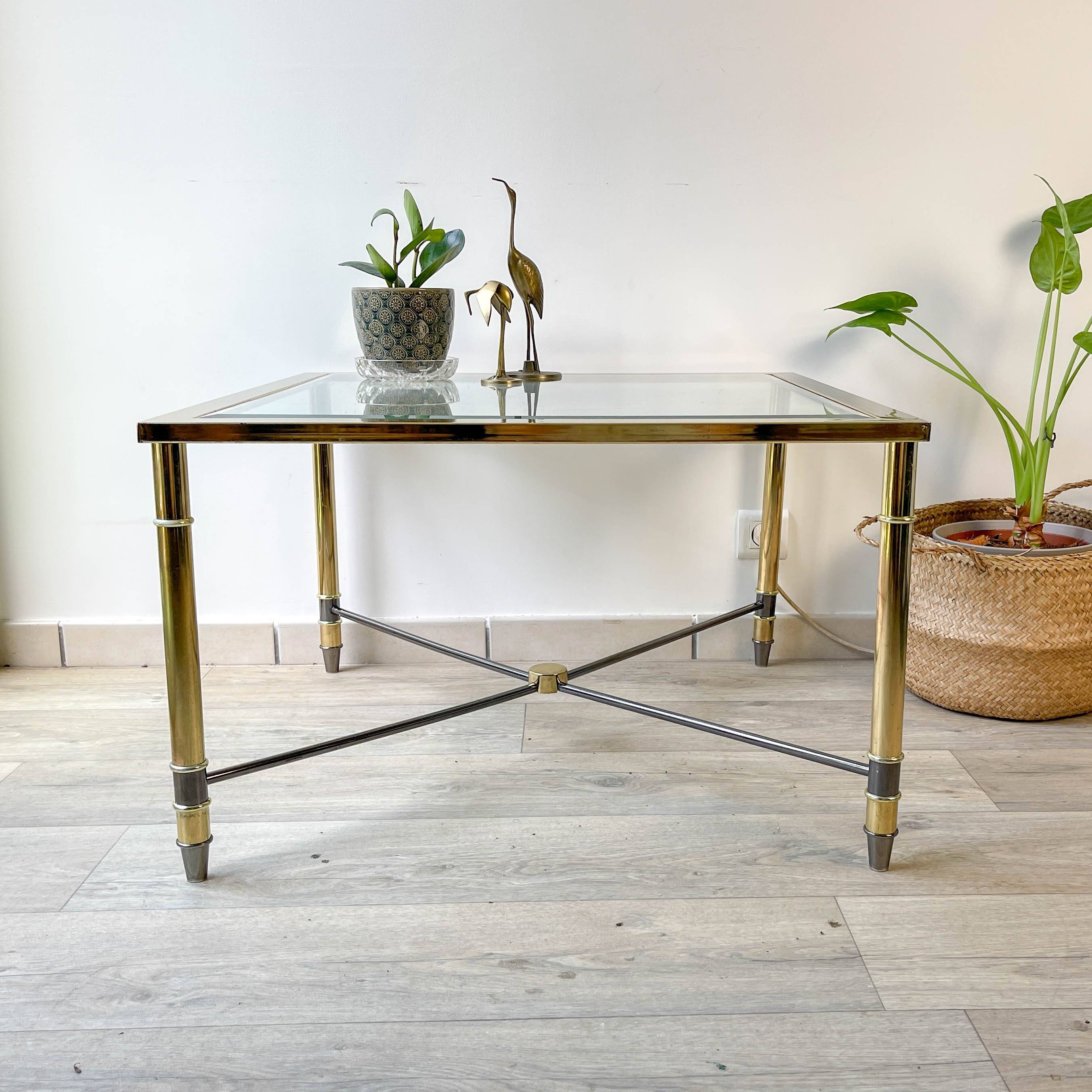Vintage Brass and Square Beveled Glass Coffee Table