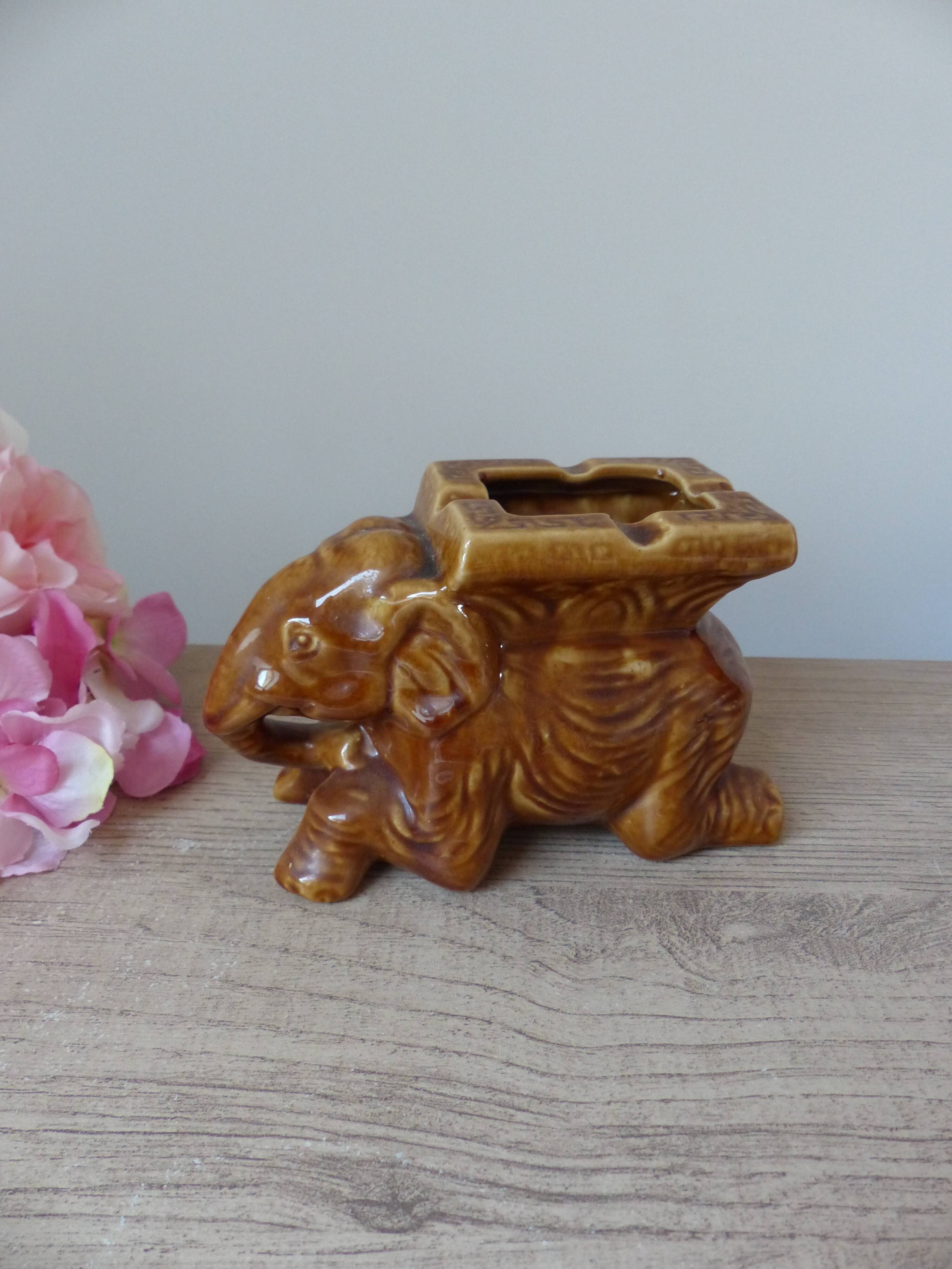 Antique brown ceramic elephant ashtray