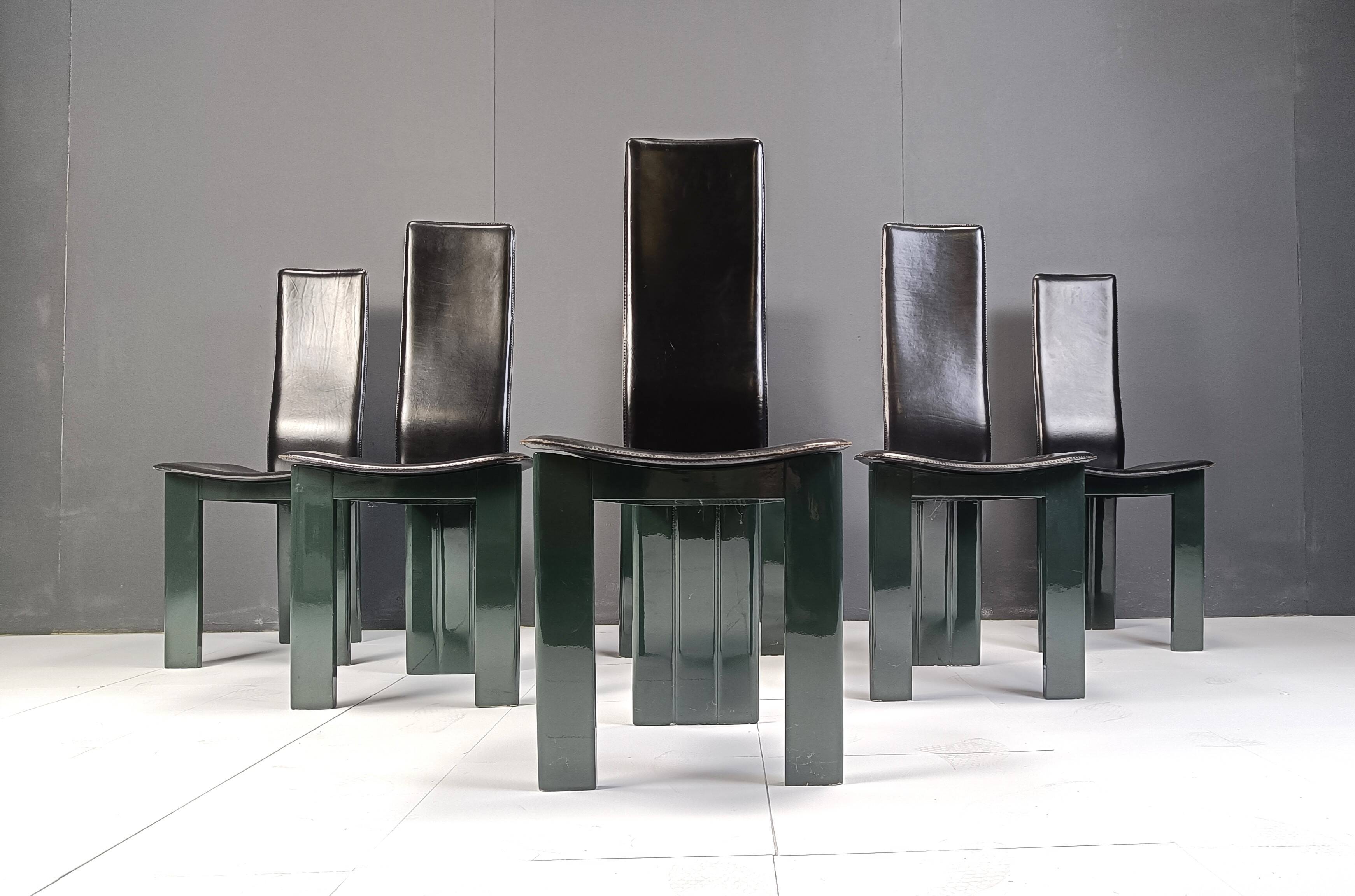 Set of 6 Italian leather and green lacquer dining chairs, 1980s