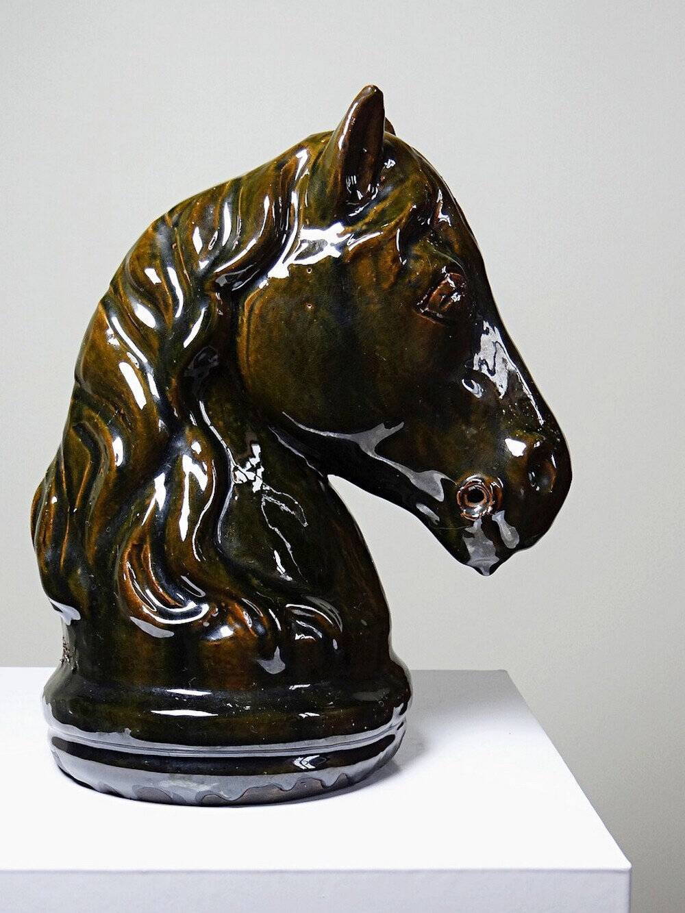 Vintage 1980s glazed terracotta chess knight or horse head.