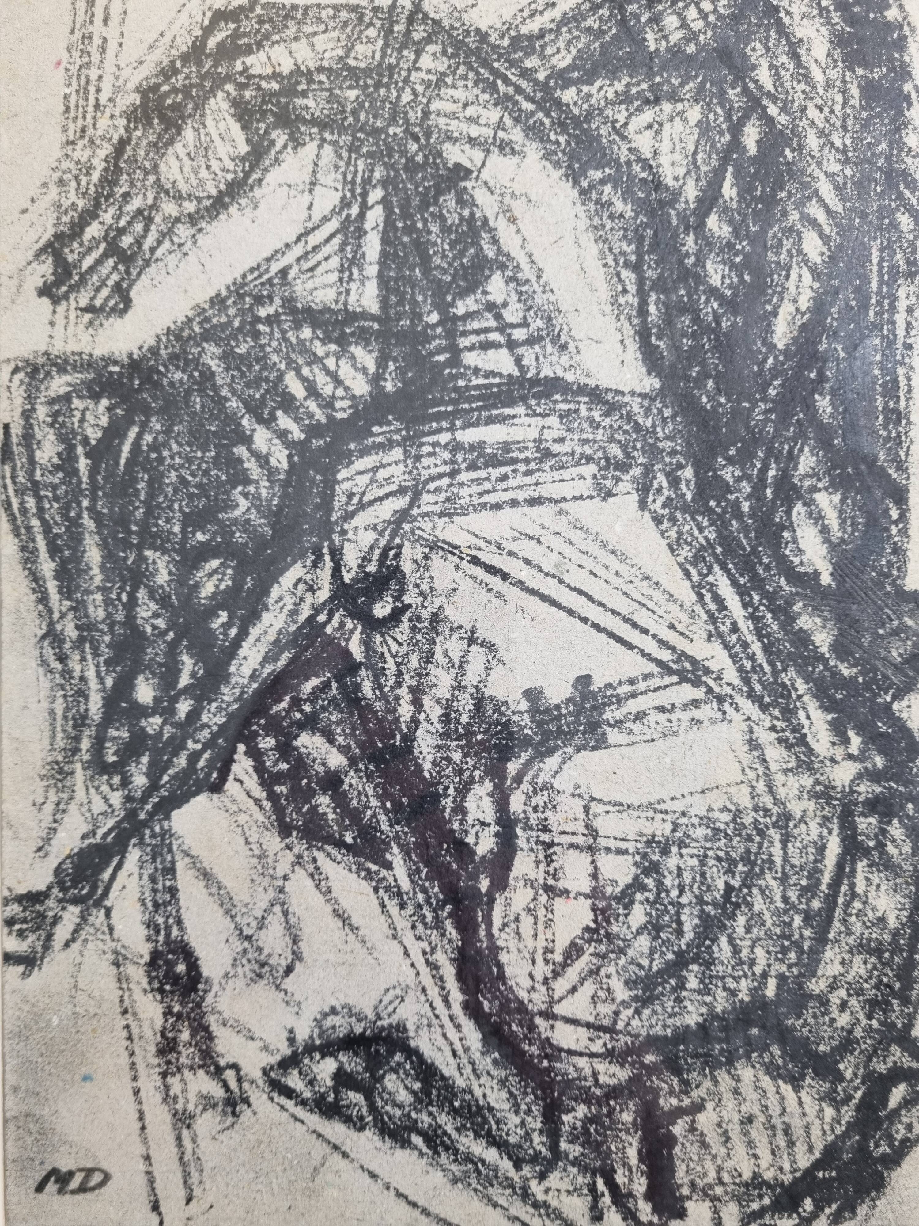 Preparatory study, charcoal sketch by Maurice de Bus – Gilded frame, 32 x 42 cm