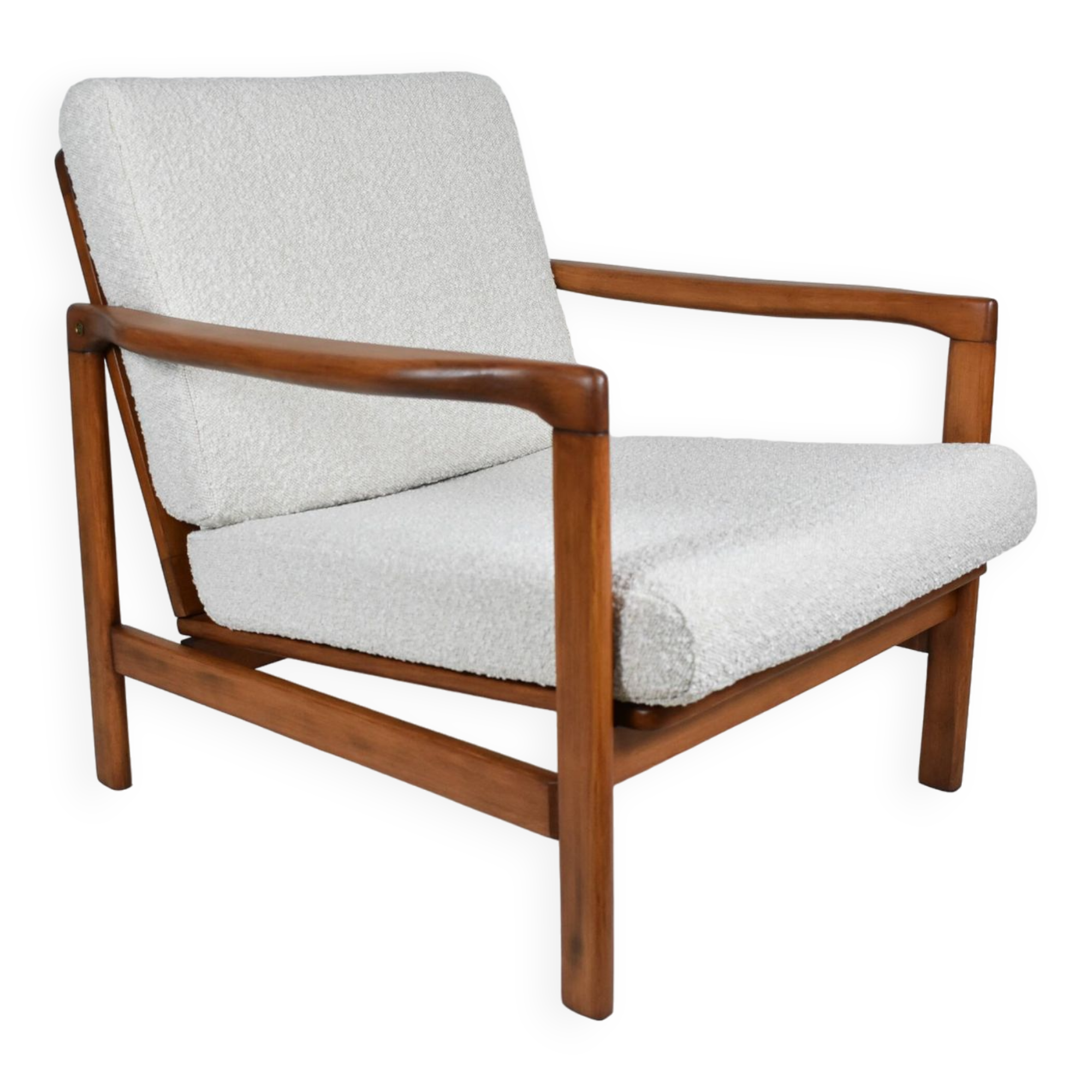 Fauteuil bouclé original, vintage, restauré, blanc, teck
