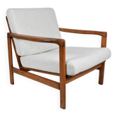 Fauteuil bouclé original, vintage, restauré, blanc, teck