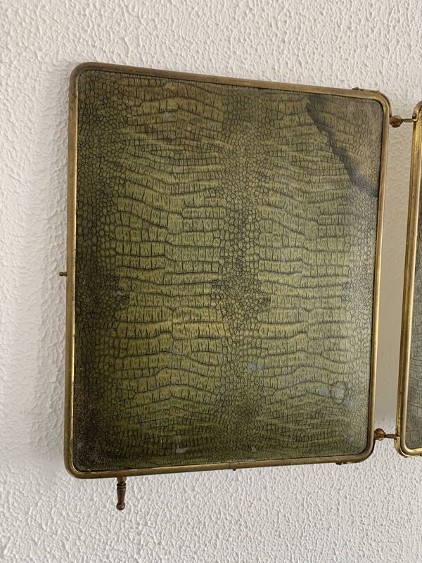 Miroir vintage 1920 triptyque barbier doré simili crocodile vert - 37 x 87