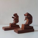 Paire de serre-livres vintage en bois sculpté à la main, décor ours