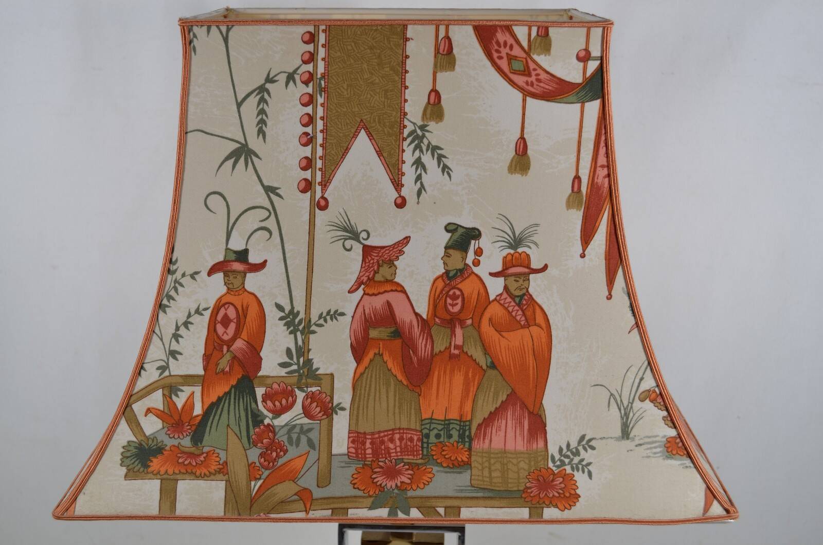 France 1970s - Vintage lamp with a chrome base and shade featuring Asian decor.