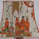 France 1970s - Vintage lamp with a chrome base and shade featuring Asian decor.