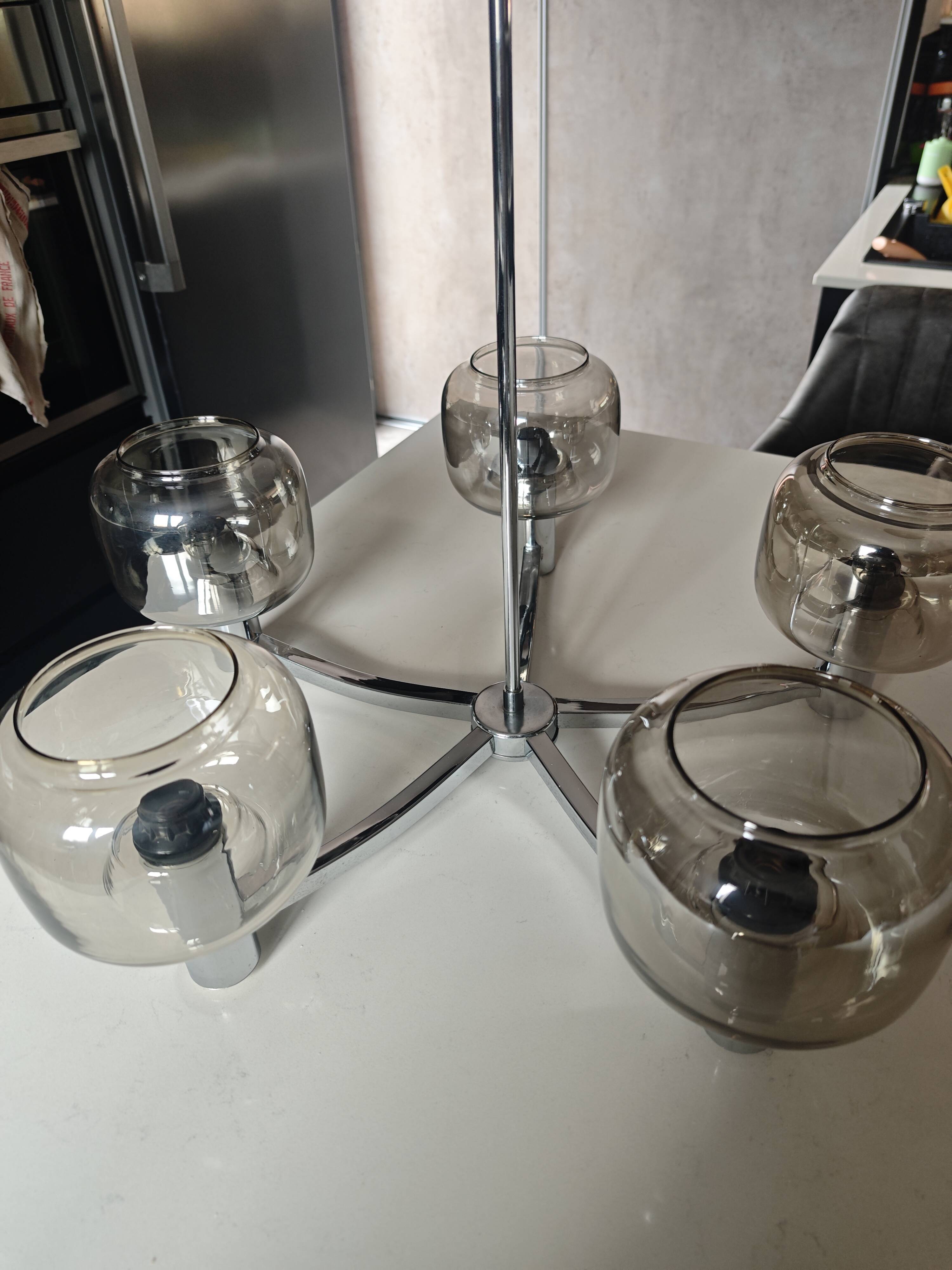 Chrome and Smoked Glass Lustre D&H – Vintage 1970 Space Age Design – Brand New Condition