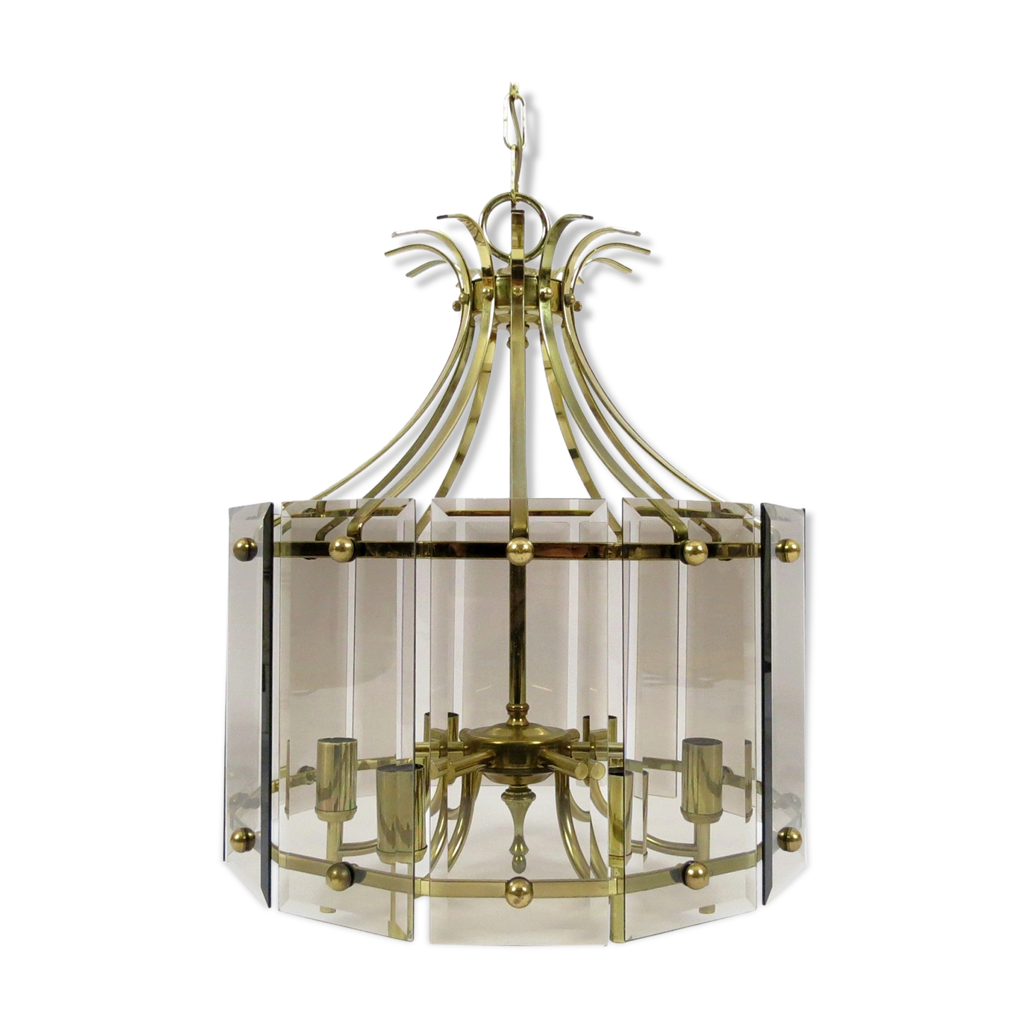 Brass and smoked glass chandelier, 1970s