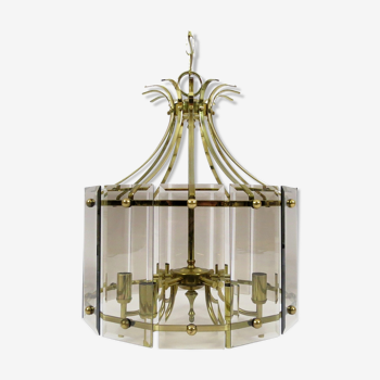 Brass and smoked glass chandelier, 1970s