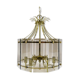 Brass and smoked glass chandelier, 1970s