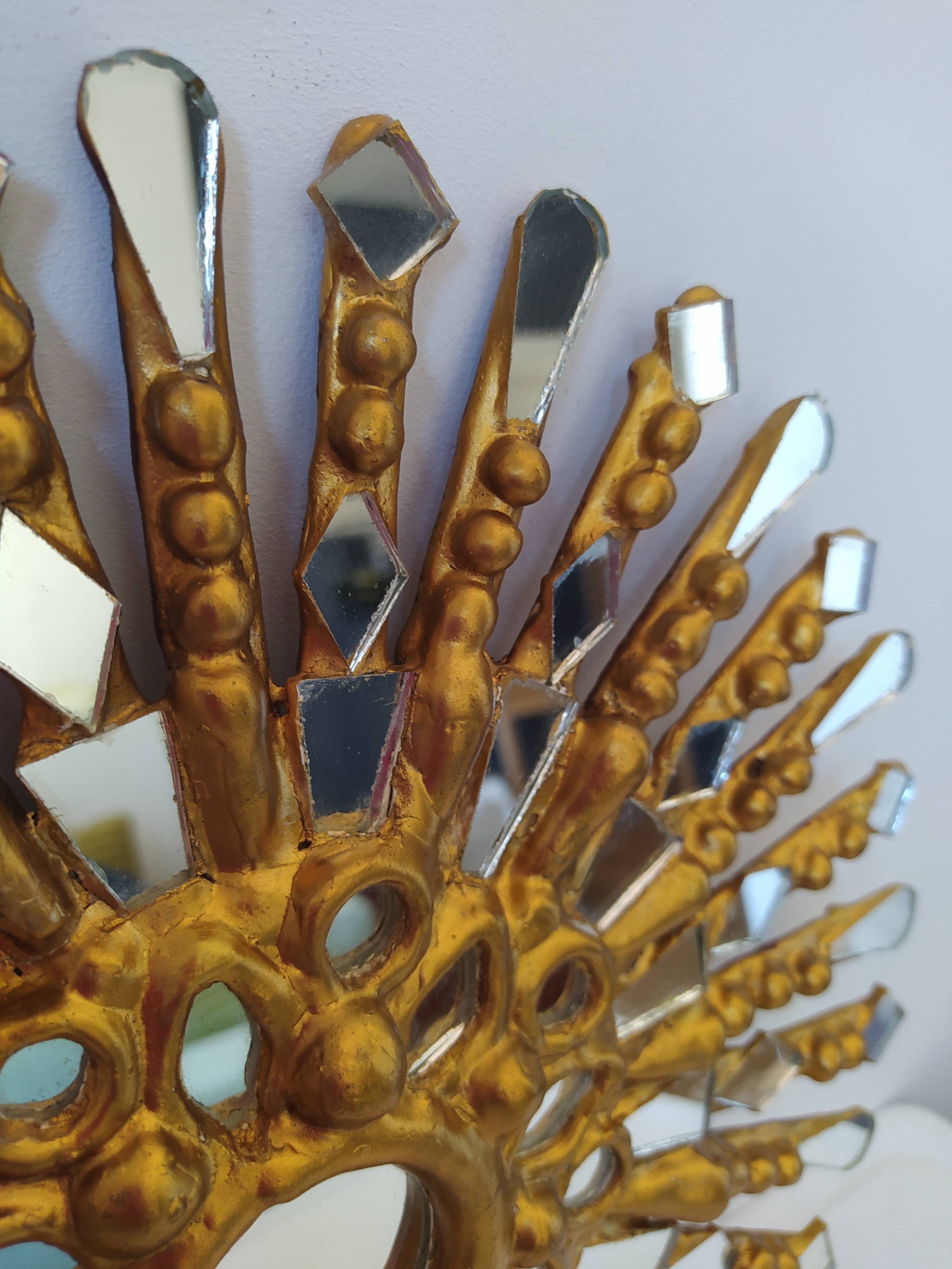 Golden wooden sun mirror 30cm