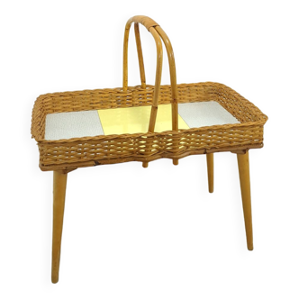 Rattan vintage tray on legs with yellow formica, fruit basket