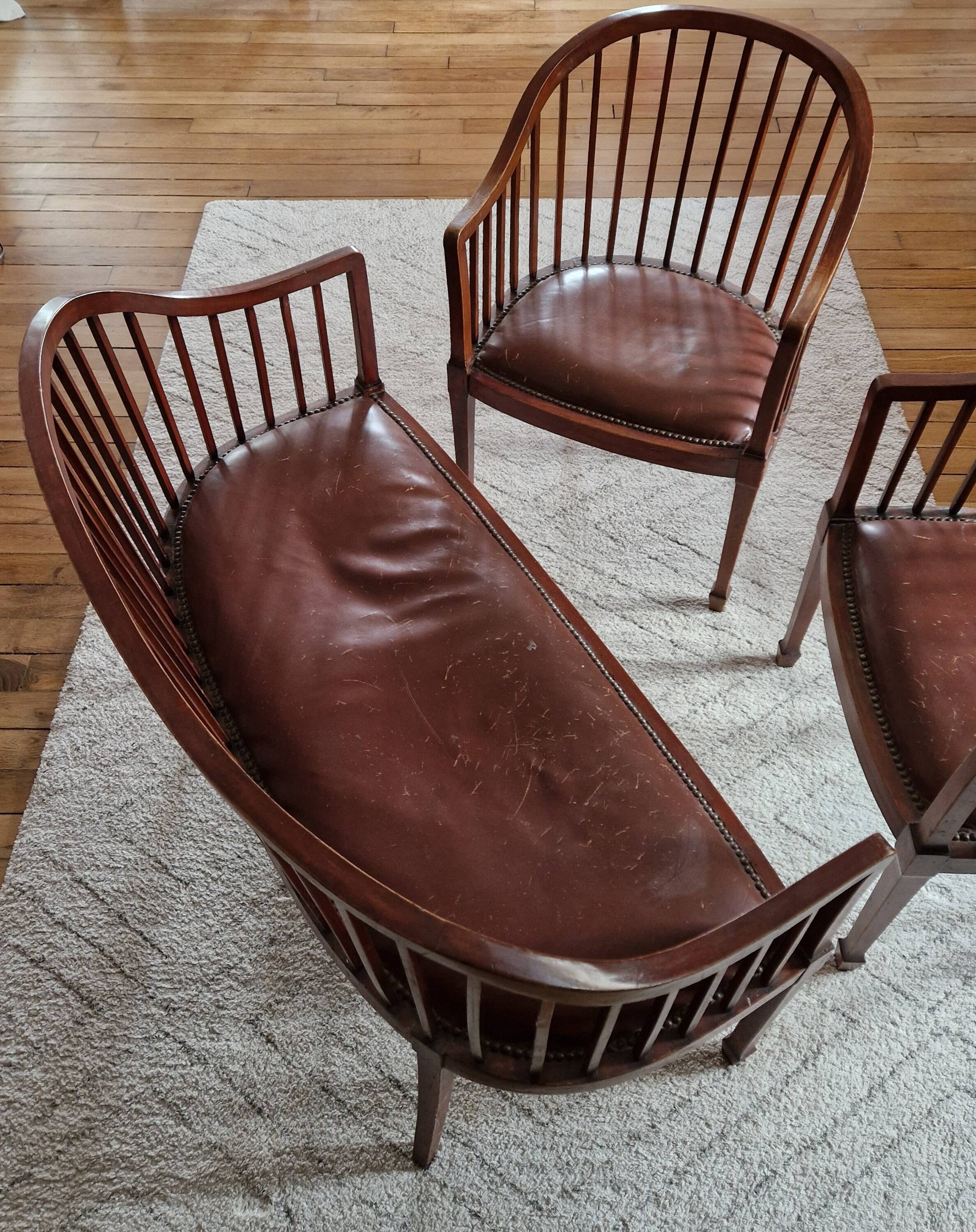 Small Art Deco bench and armchairs in beech, 1930s