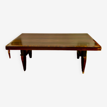 1930 Art Deco dining room table in Macassar Ebony and RIO Rosewood, with extensions,