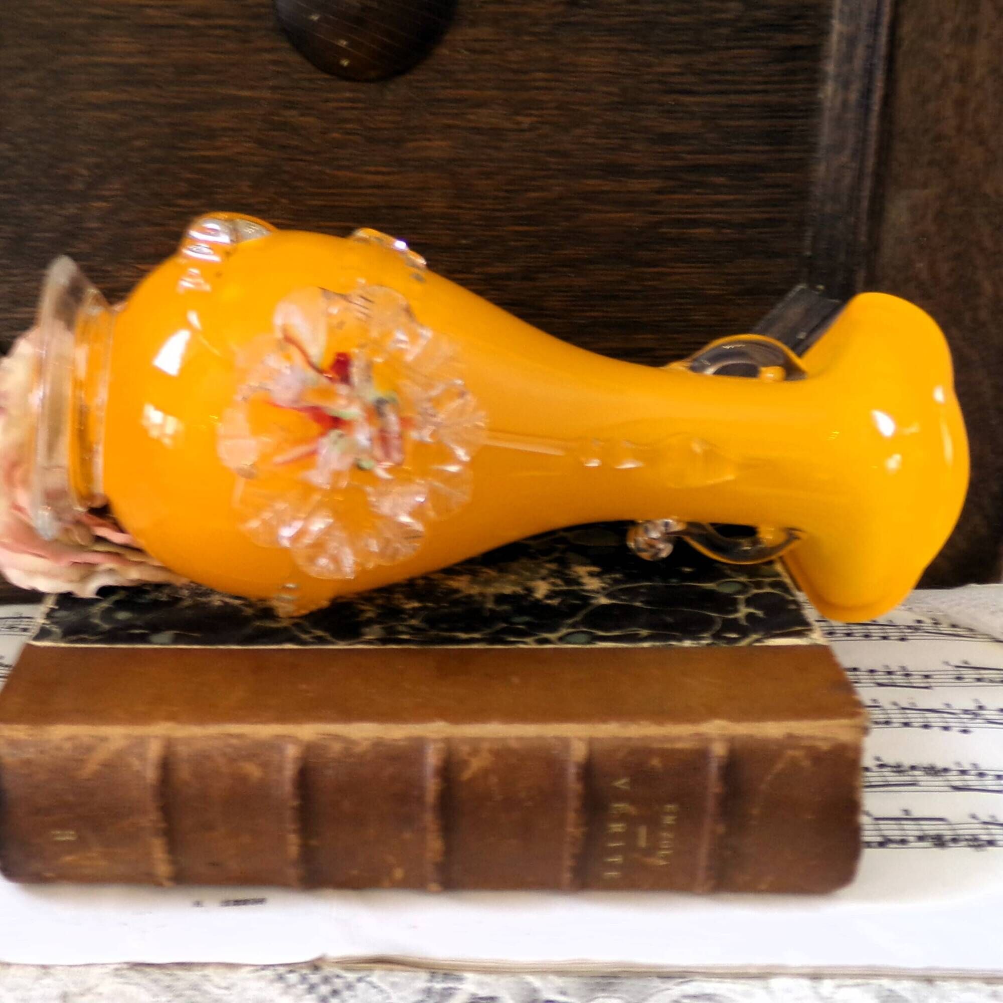 Vase orange Murano fait main avec détails floraux en verre transparent