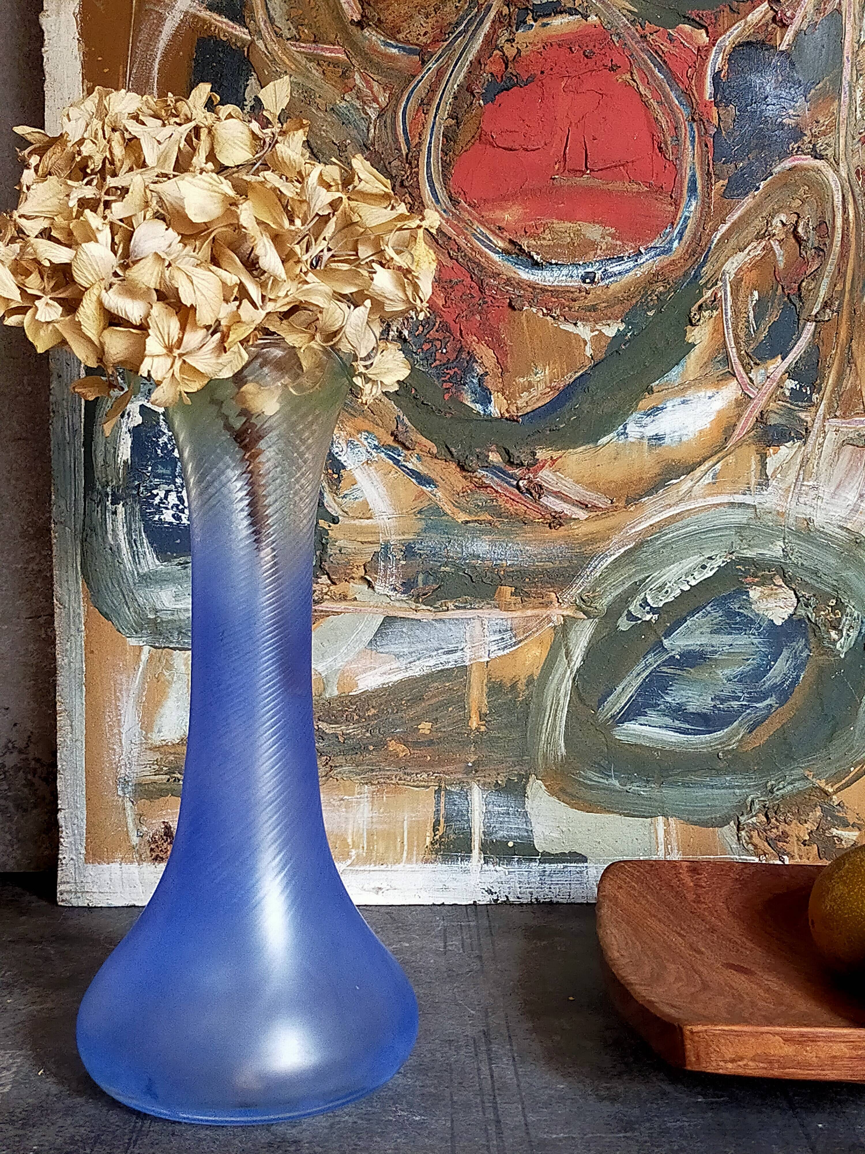 Blown glass vase frosted effect blue and vintage green