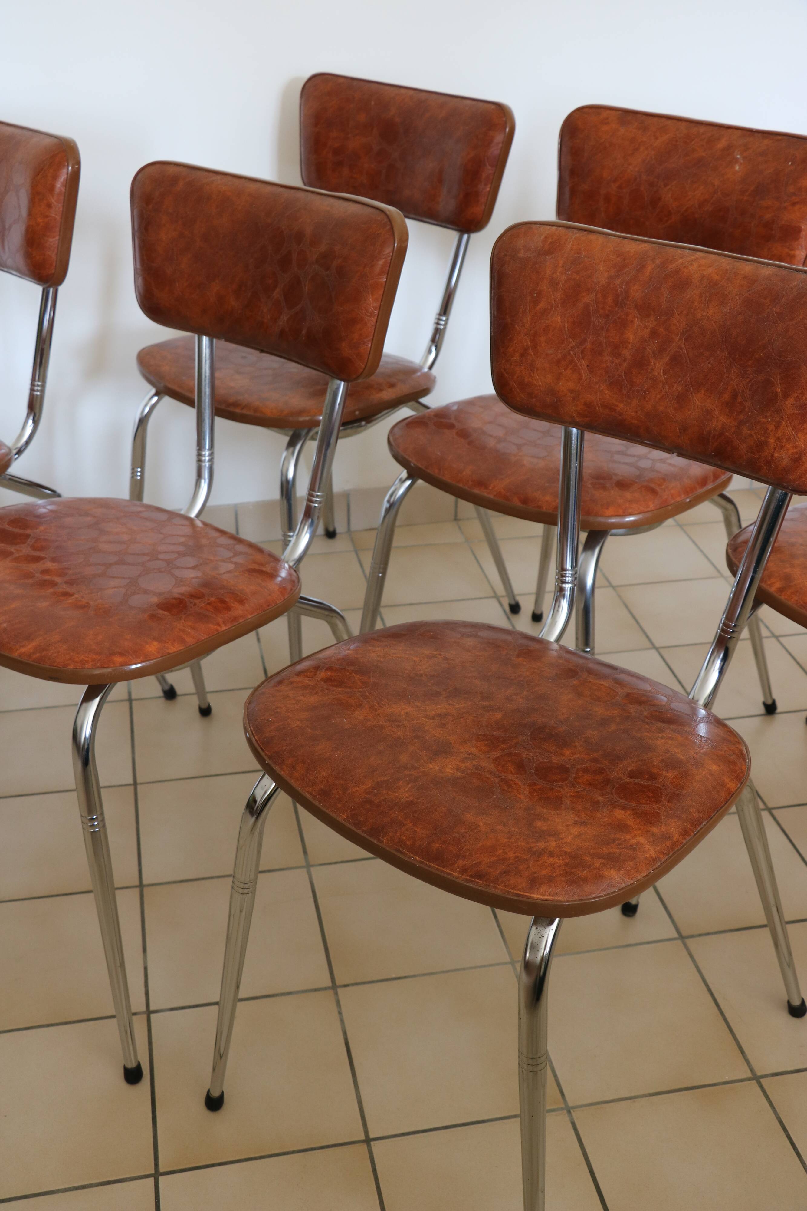 6 brown skai and chrome steel chairs
