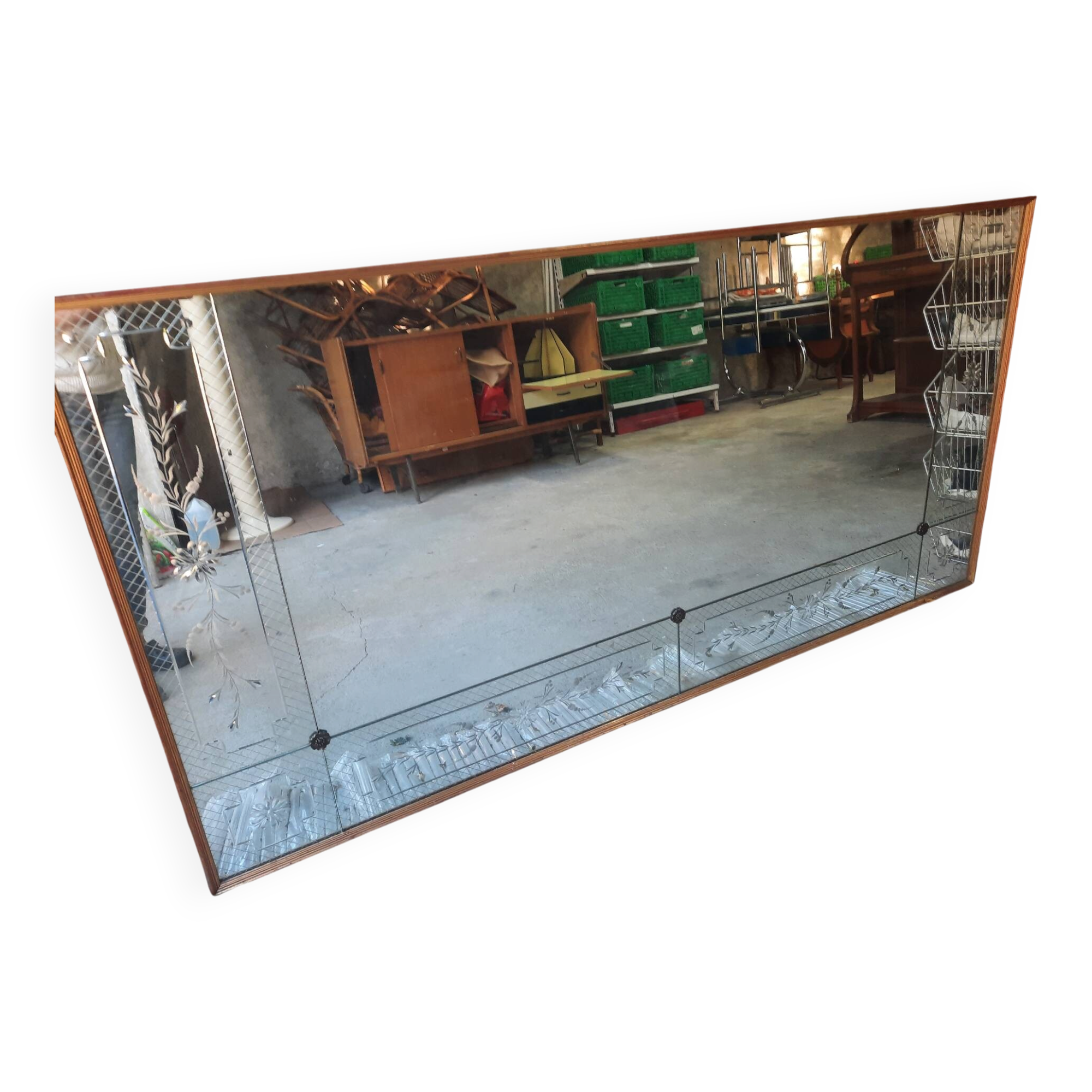 Immense miroir vénitien – 202 cm – verre gravé & biseauté – bois doré