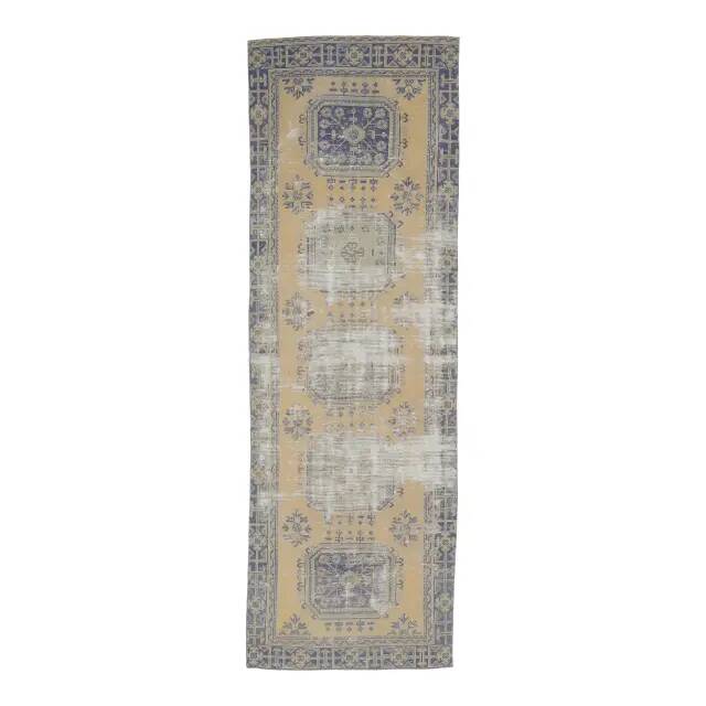 1970s Turkish Hand-Knotted Yellow Wool Runner Rug 111x341