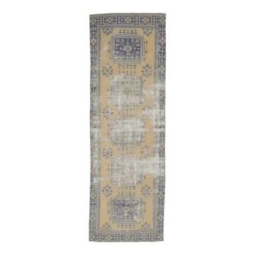 1970s Turkish Hand-Knotted Yellow Wool Runner Rug 111x341