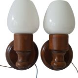 Set of wall lamp wooden support and vintage white opaline globe