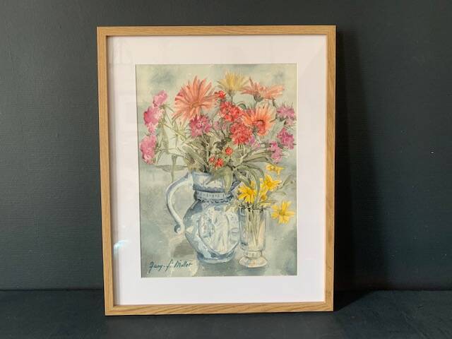 Old watercolor signed Jany. F. Millet (1926-1992), bouquet of flowers under framed glass, 1950