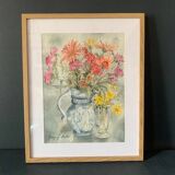 Old watercolor signed Jany. F. Millet (1926-1992), bouquet of flowers under framed glass, 1950
