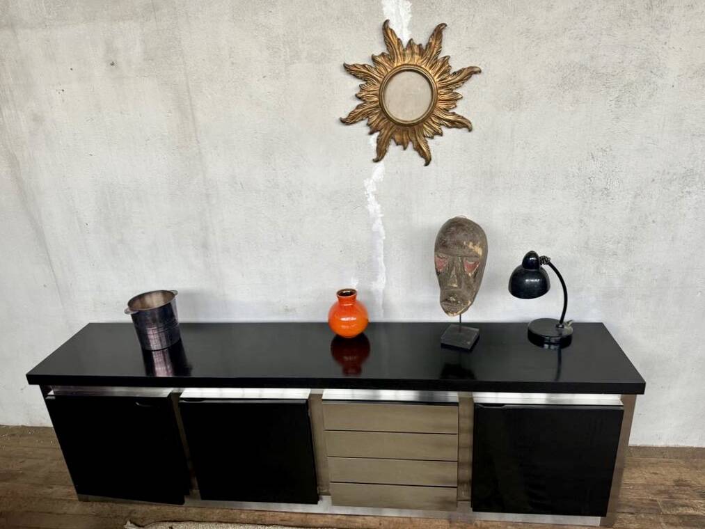 Vintage wooden and aluminum sideboard designed by the 1970s with 3 doors and 4 drawers