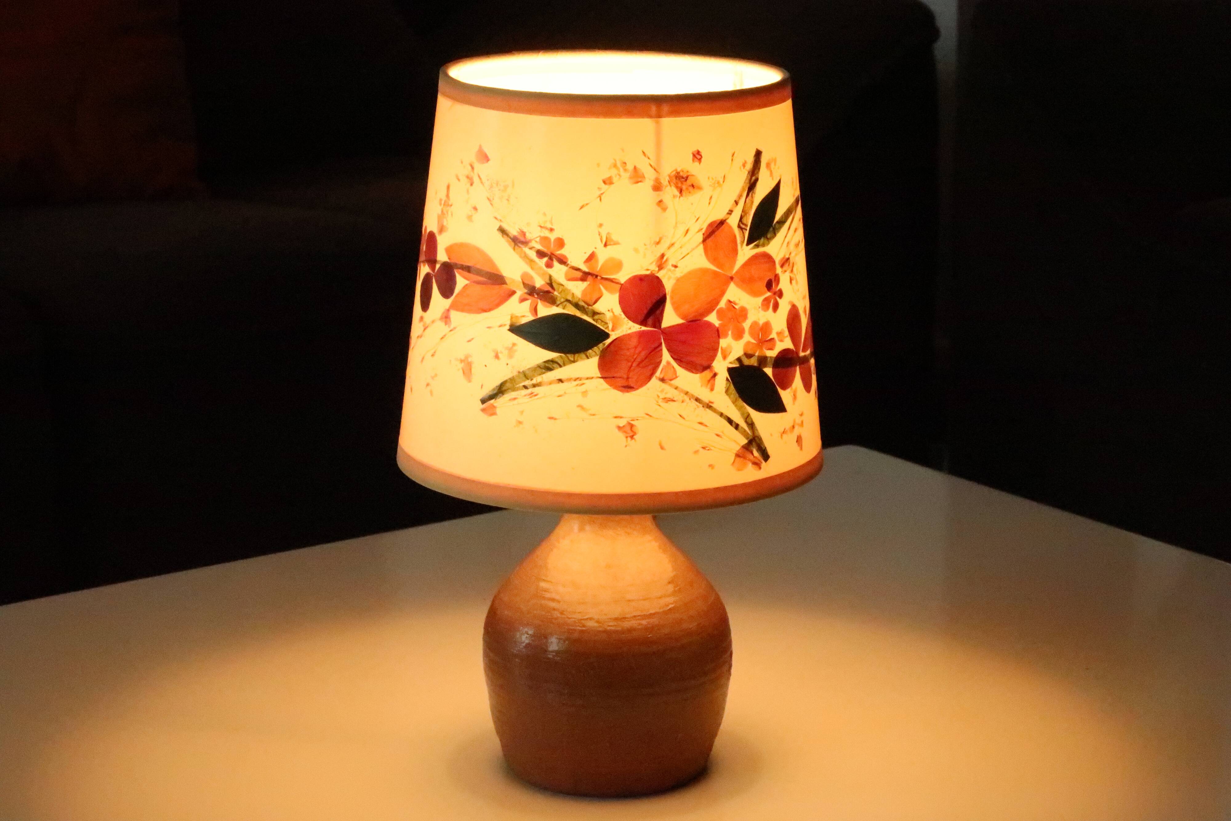 Ceramic lamp with herbarium-style shade from the 60s