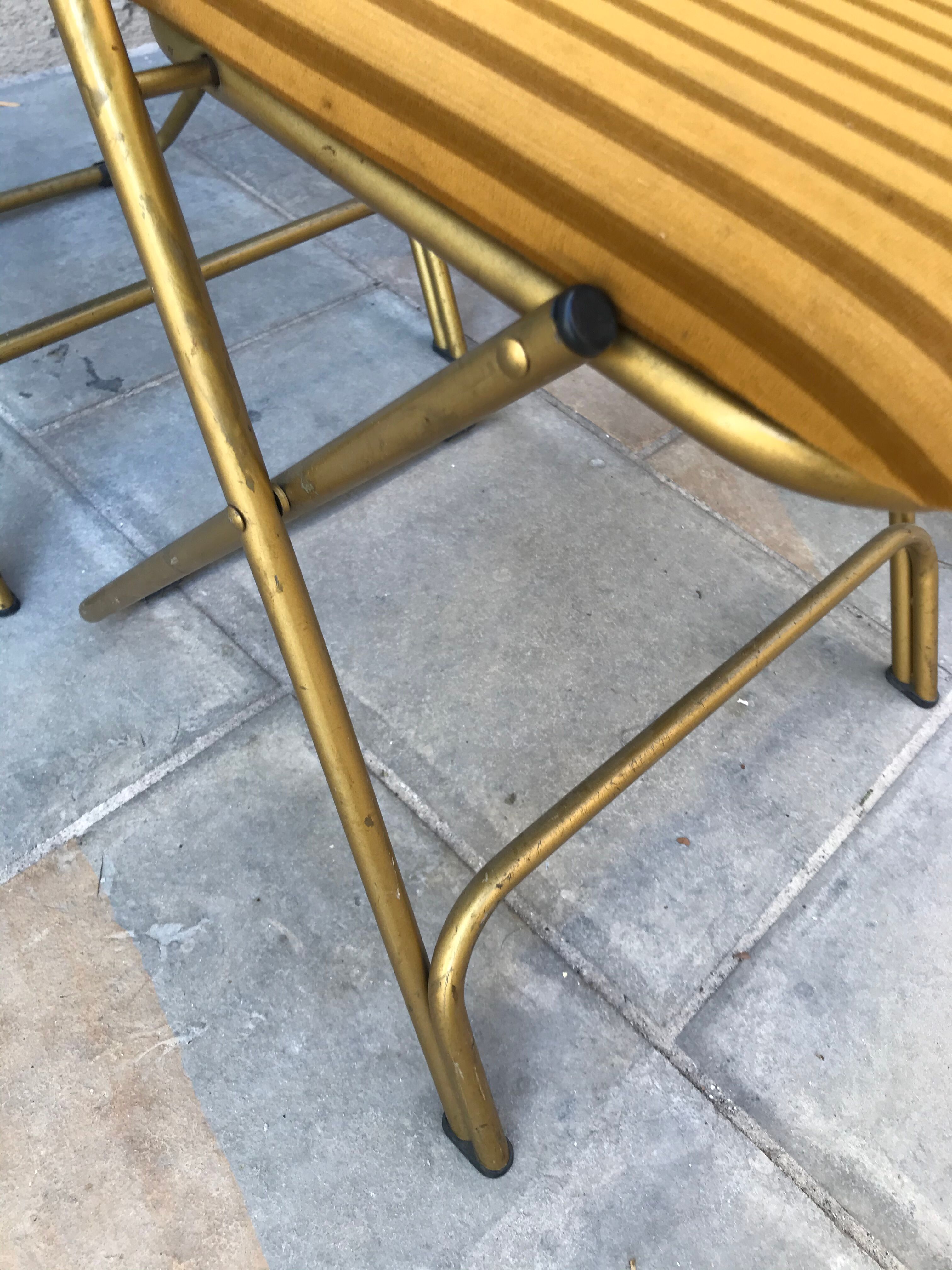 Set of 4 folding chairs in brass and mustard velvet striped by "Lafuma" 1960