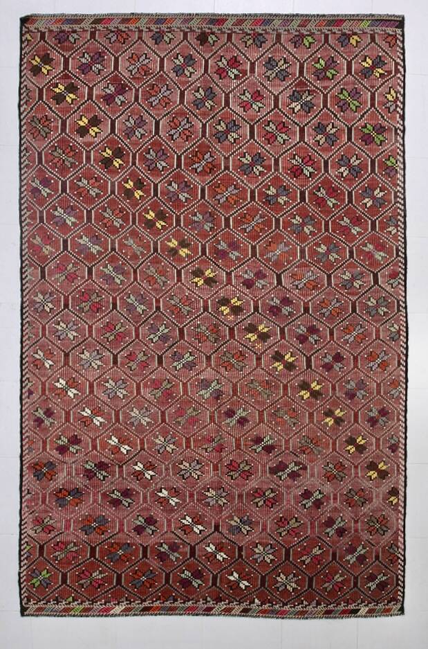 Burgundy Red Star Pattern Vintage Kilim Rug, 194x314Cm