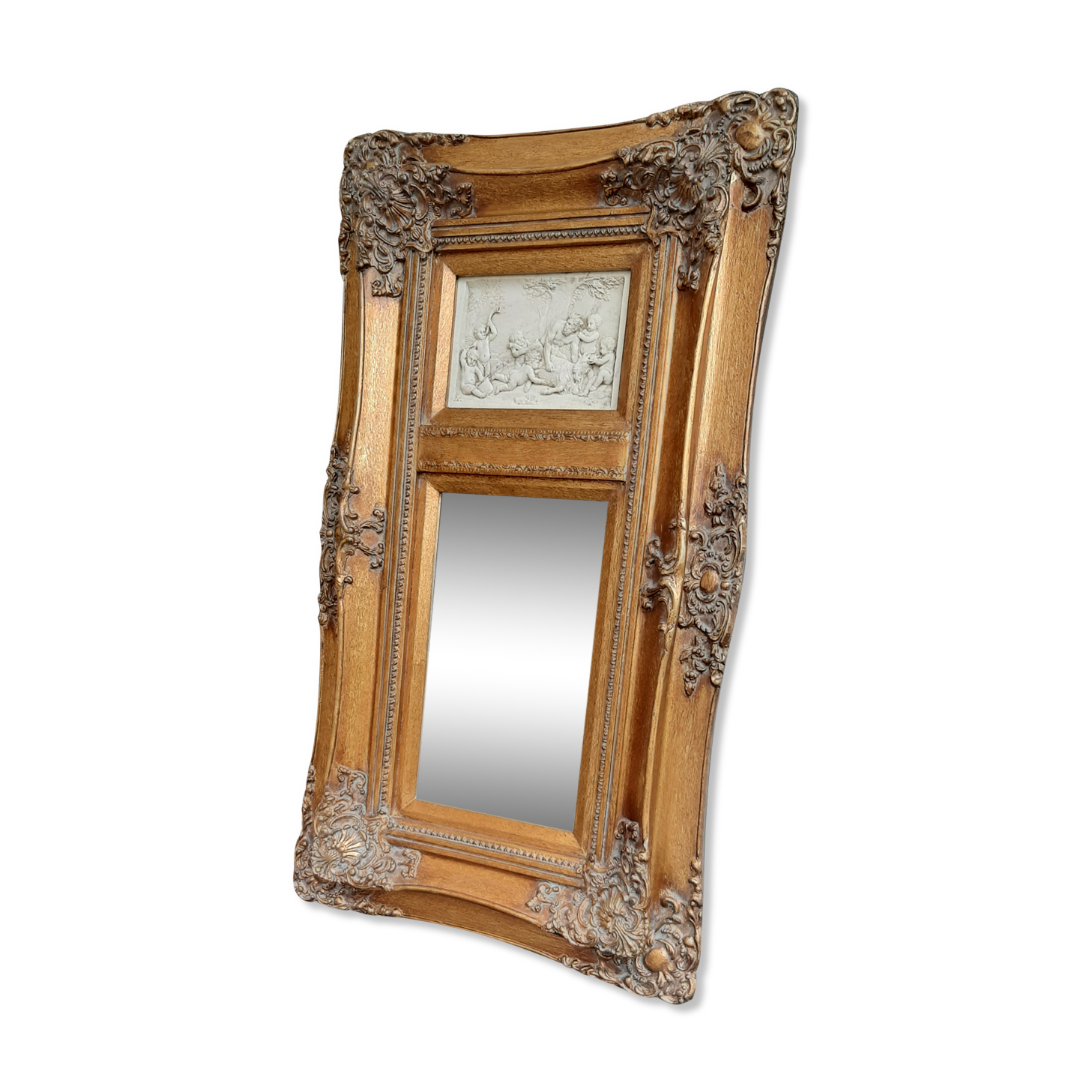 Trumeau miroir  dore biseaute 74 cm x 42 cm decor stuc