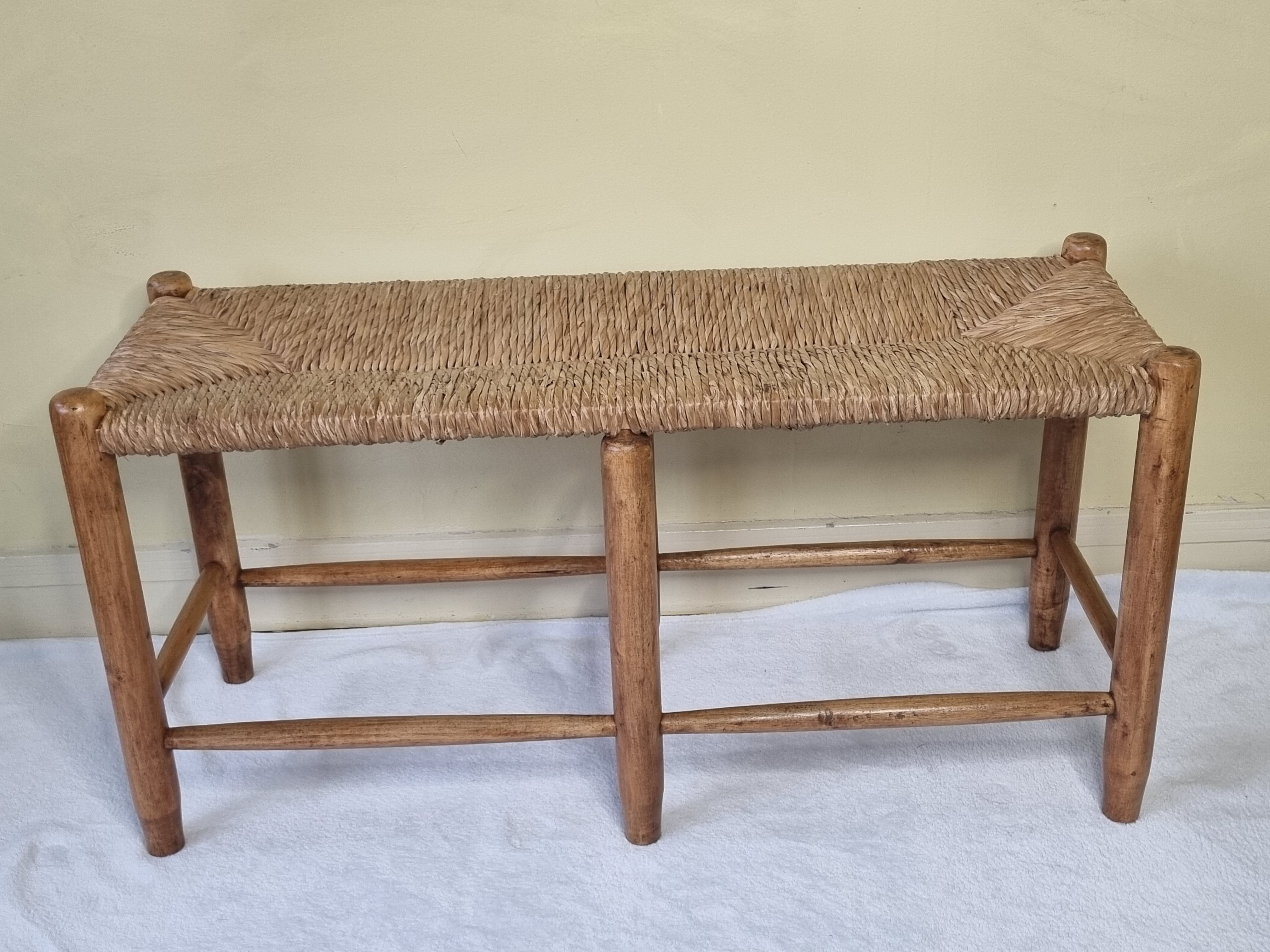 Wooden entrance bench and vintage straw 90 cm