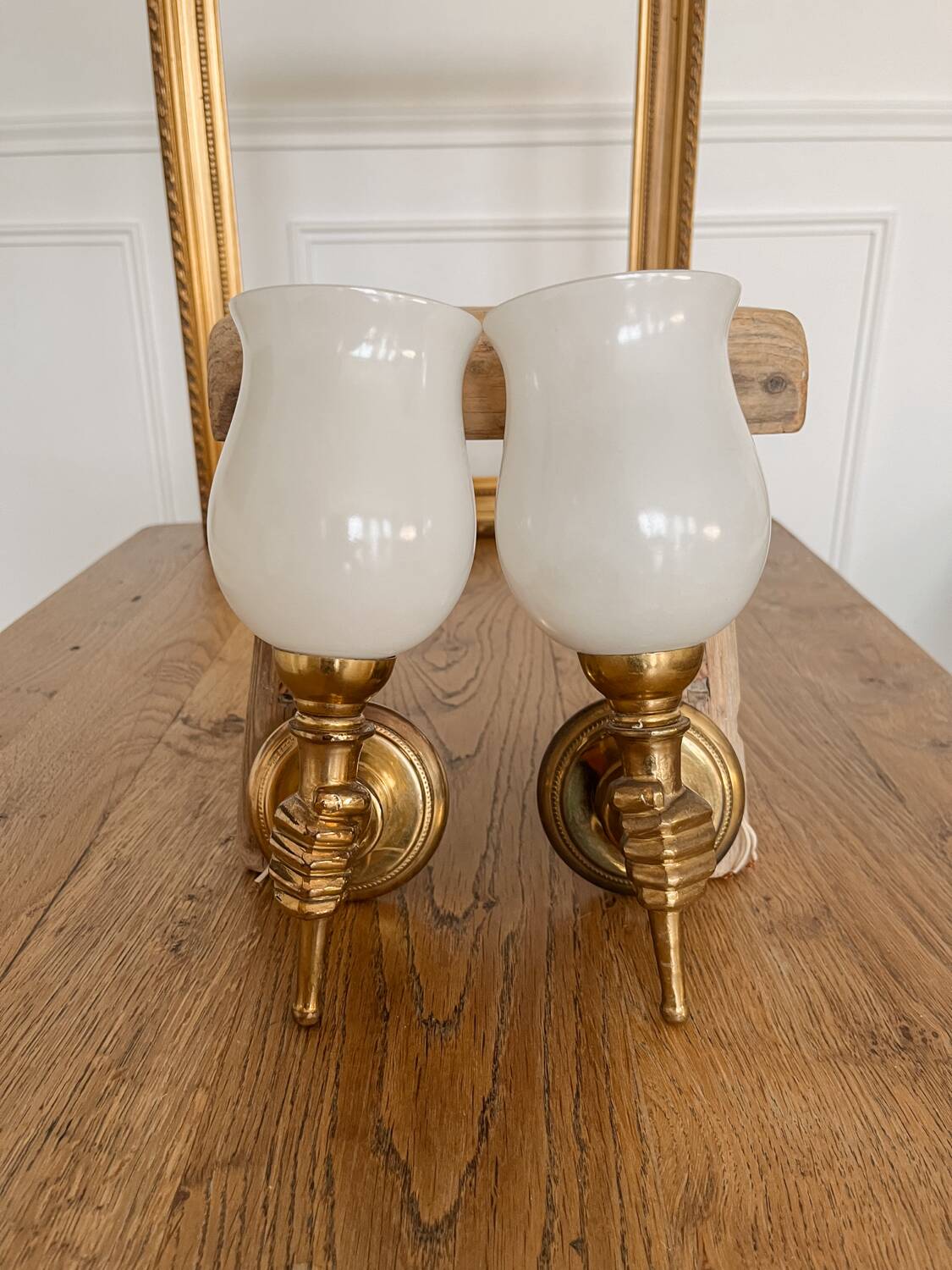 Set of 2 golden, bronze and brass torch wall lights