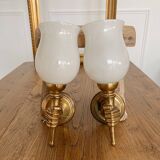 Set of 2 golden, bronze and brass torch wall lights