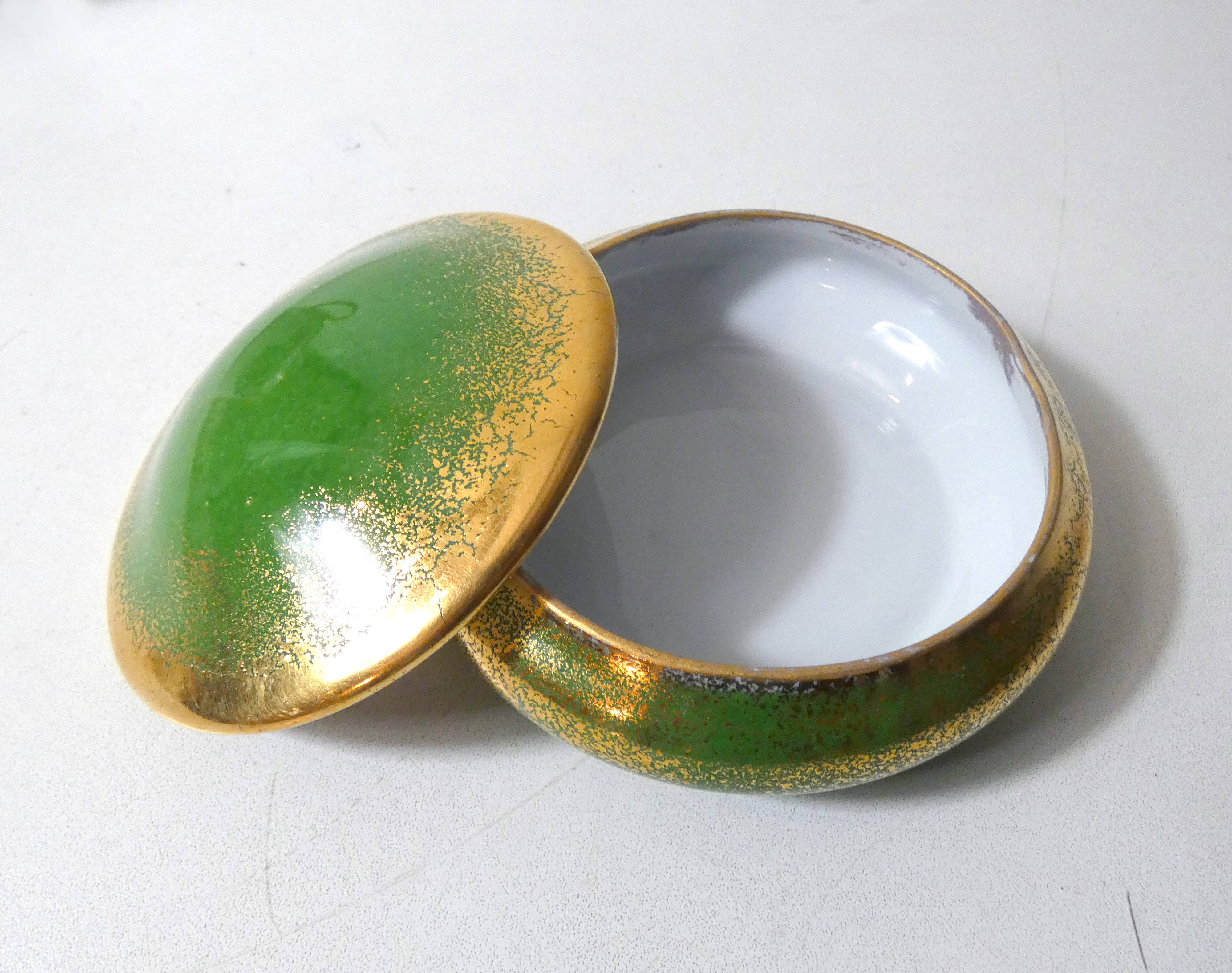 Green and gold Limoges porcelain candy box signed Catherine Lainé