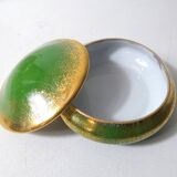 Green and gold Limoges porcelain candy box signed Catherine Lainé